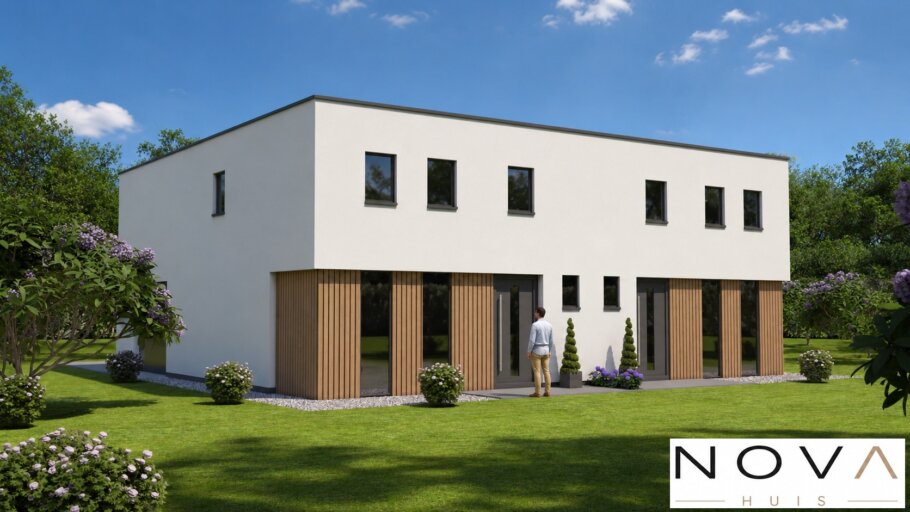 Moderne geschakelde woning TK-48 met plat dak en kubistische architectuur | NOVA HUIS