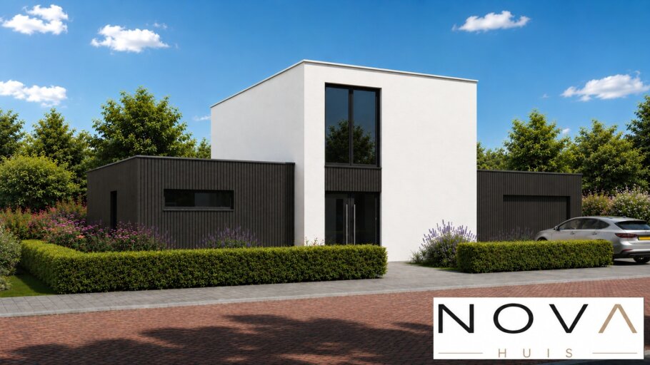 Moderne kubistische woning K-401 met plat dak, inpandige garage en grote glaspartijen