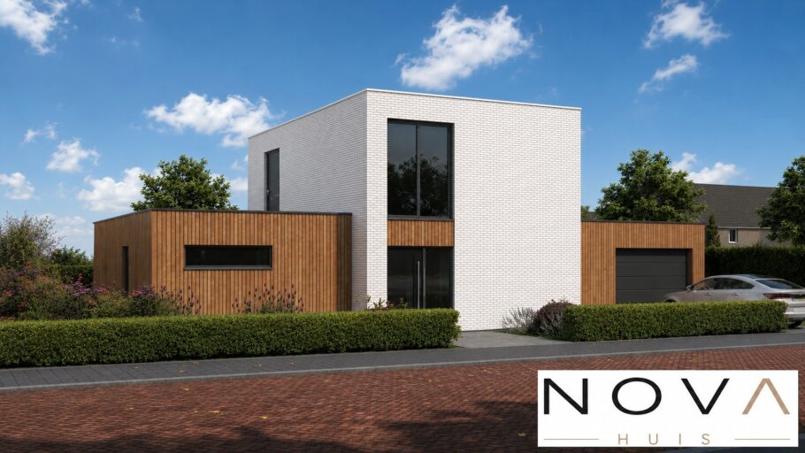 Moderne kubistische woning K-401 met plat dak, inpandige garage en grote glaspartijen