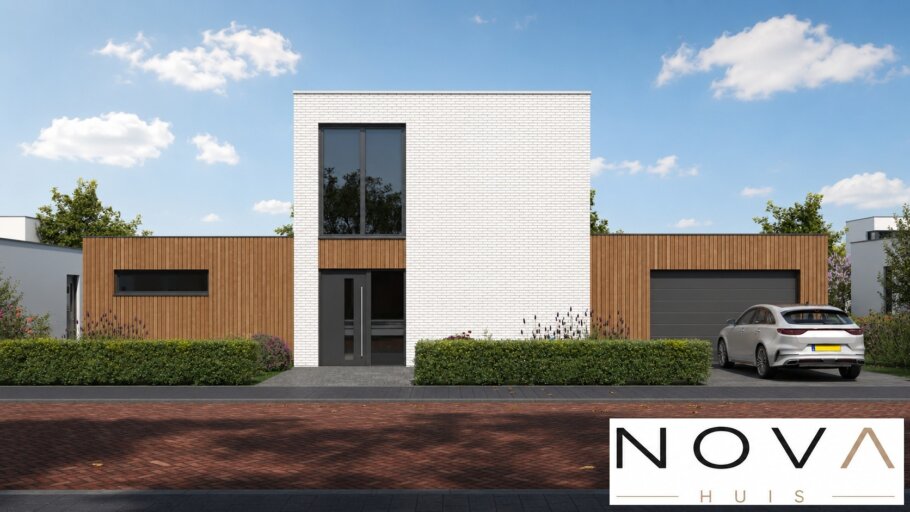 Moderne kubistische woning K-401 met plat dak, inpandige garage en grote glaspartijen