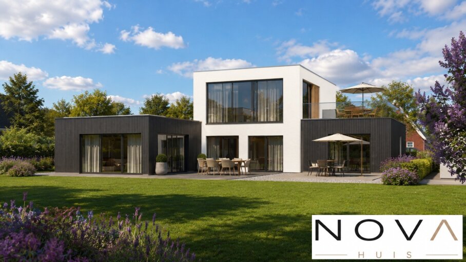 Moderne kubistische woning K-401 met plat dak, inpandige garage en grote glaspartijen
