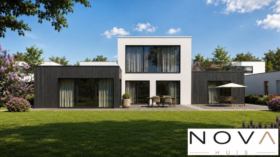 Moderne kubistische woning K-401 met plat dak, inpandige garage en grote glaspartijen