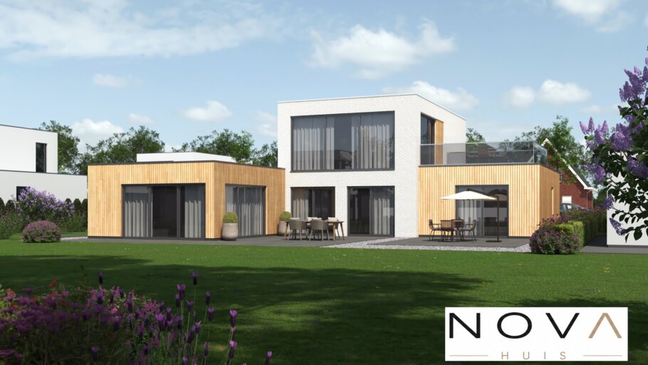 Moderne kubistische woning K-401 met plat dak, inpandige garage en grote glaspartijen