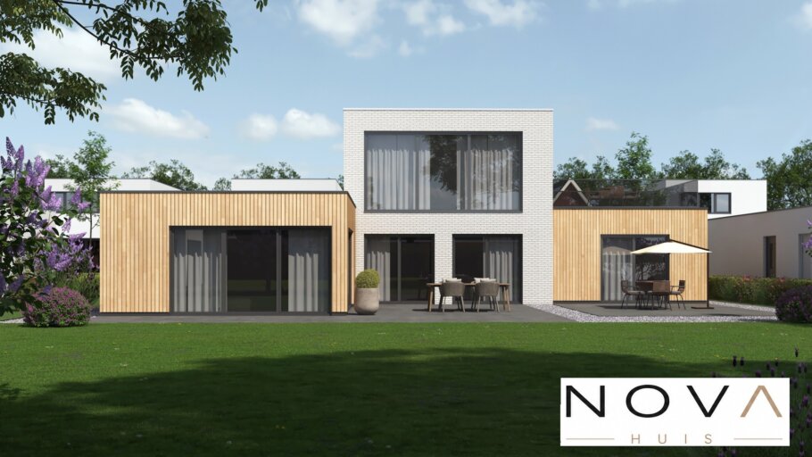 Moderne kubistische woning K-401 met plat dak, inpandige garage en grote glaspartijen