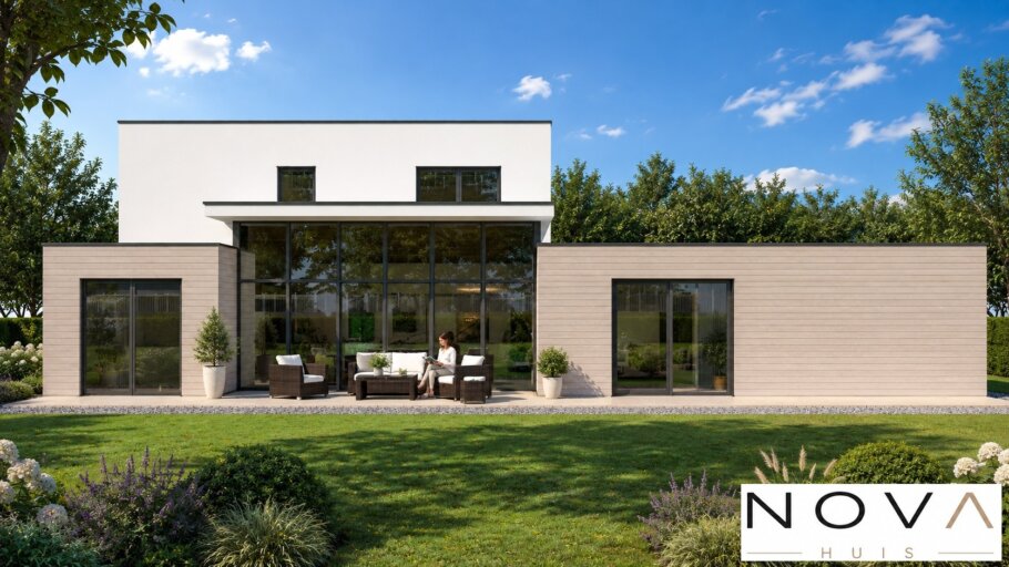 Moderne kubistische villa K-377 met hoge woonkamer en levensloopbestendige indeling van NOVA HUIS