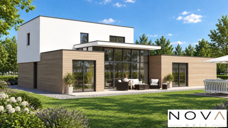Moderne kubistische villa K-377 met hoge woonkamer en levensloopbestendige indeling van NOVA HUIS