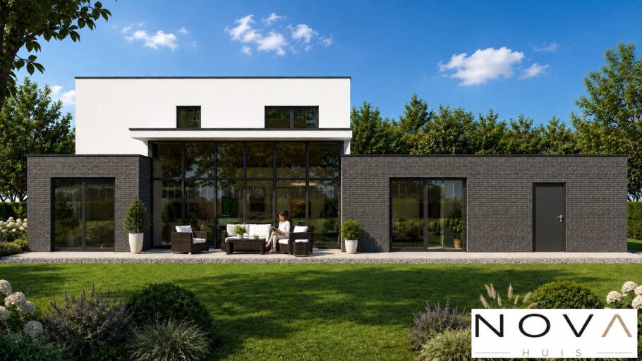 Moderne kubistische villa K-377 met hoge woonkamer en levensloopbestendige indeling van NOVA HUIS