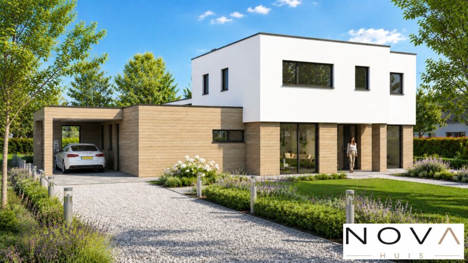 Moderne kubistische villa K-377 met hoge woonkamer en levensloopbestendige indeling van NOVA HUIS
