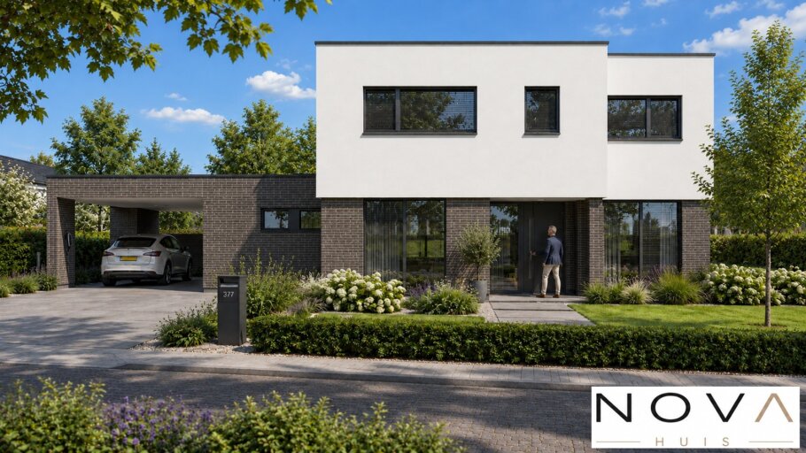 Moderne kubistische villa K-377 met hoge woonkamer en levensloopbestendige indeling van NOVA HUIS