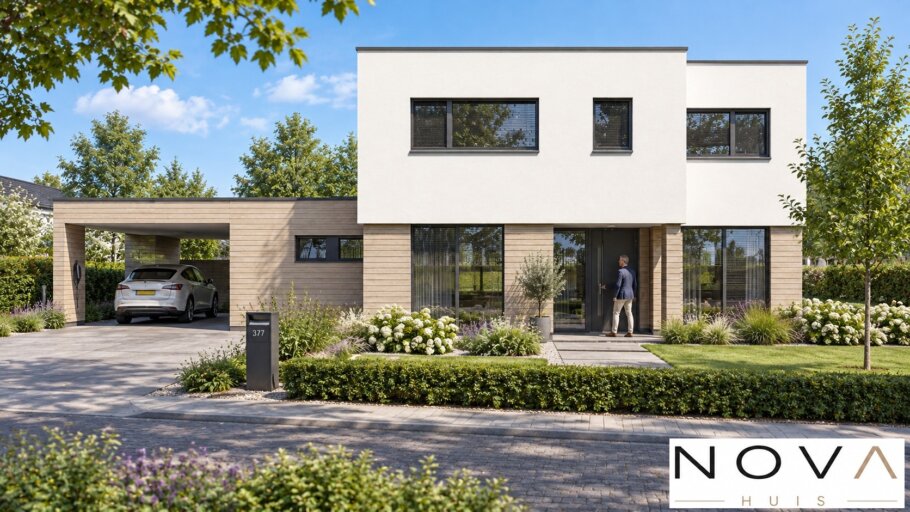 Moderne kubistische villa K-377 met hoge woonkamer en levensloopbestendige indeling van NOVA HUIS
