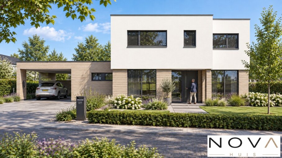 Moderne kubistische villa K-377 met hoge woonkamer en levensloopbestendige indeling van NOVA HUIS