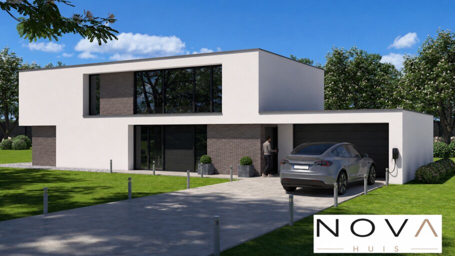 Moderne royale kubistische woning K-382 met overdekte balkons, grote glaspartijen en inpandige garage