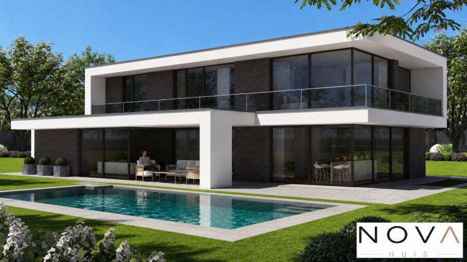 Moderne royale kubistische woning K-382 met overdekte balkons, grote glaspartijen en inpandige garage