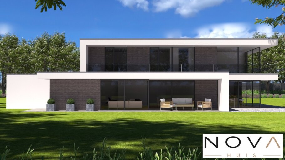 Moderne royale kubistische woning K-382 met overdekte balkons, grote glaspartijen en inpandige garage