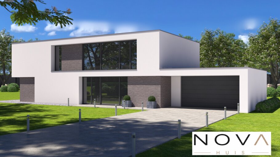 Moderne royale kubistische woning K-382 met overdekte balkons, grote glaspartijen en inpandige garage