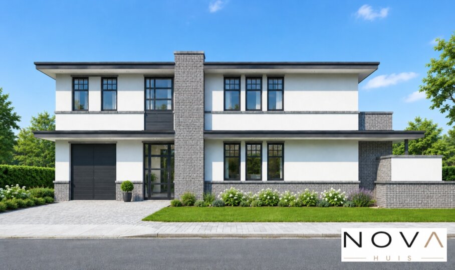 Moderne kubistische staalframewoning type 241 met plat dak