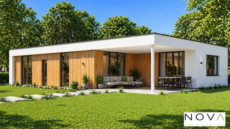 Moderne gelijkvloerse bungalow met houten gevelbekleding, grote glaspartijen en overdekt terras