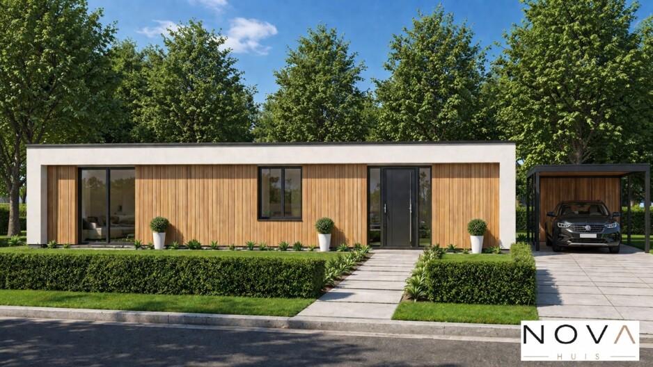 Moderne gelijkvloerse bungalow met houten gevelbekleding, grote glaspartijen en overdekt terras