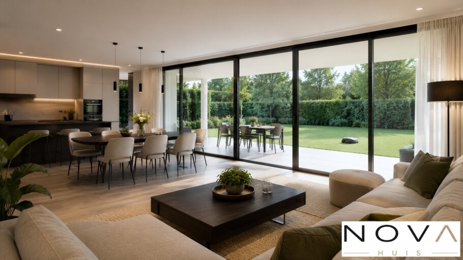 Modern interieur van gelijkvloerse woning A-82 met woonkamer, leefkeuken, slaapkamer en grote glaspartijen