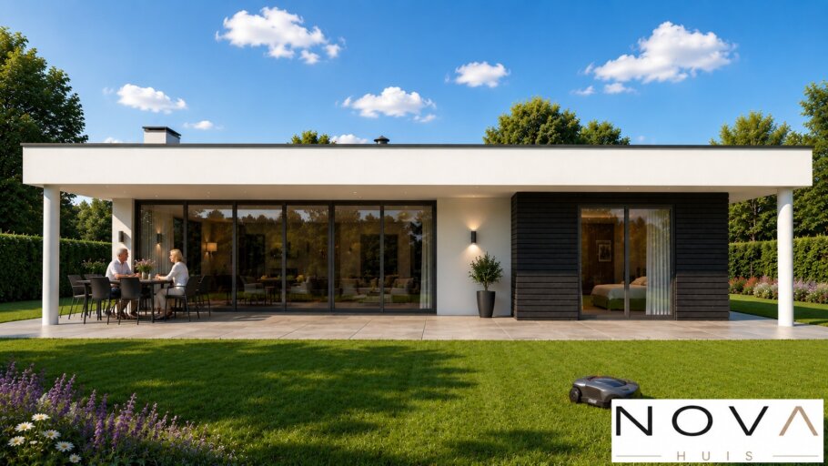 Moderne gelijkvloerse woning A-82 met plat dak, overdekte terrassen, carport en grote glaspartijen