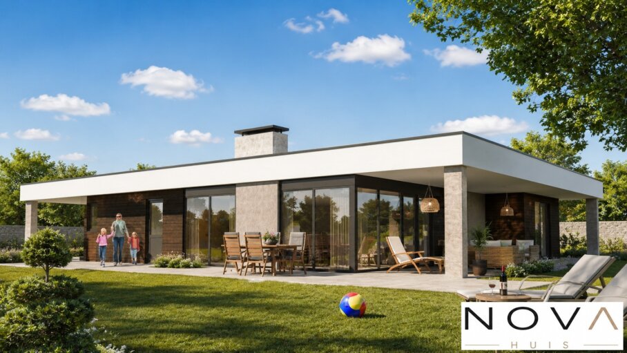 Moderne gelijkvloerse woning A-82 met plat dak, overdekte terrassen, carport en grote glaspartijen