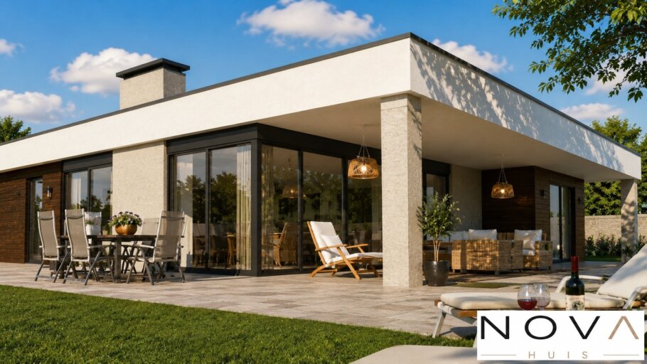 Moderne gelijkvloerse woning A-82 met plat dak, overdekte terrassen, carport en grote glaspartijen