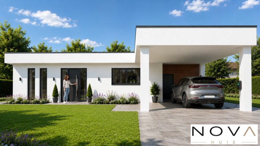 Moderne gelijkvloerse woning A-82 met plat dak, overdekte terrassen, carport en grote glaspartijen