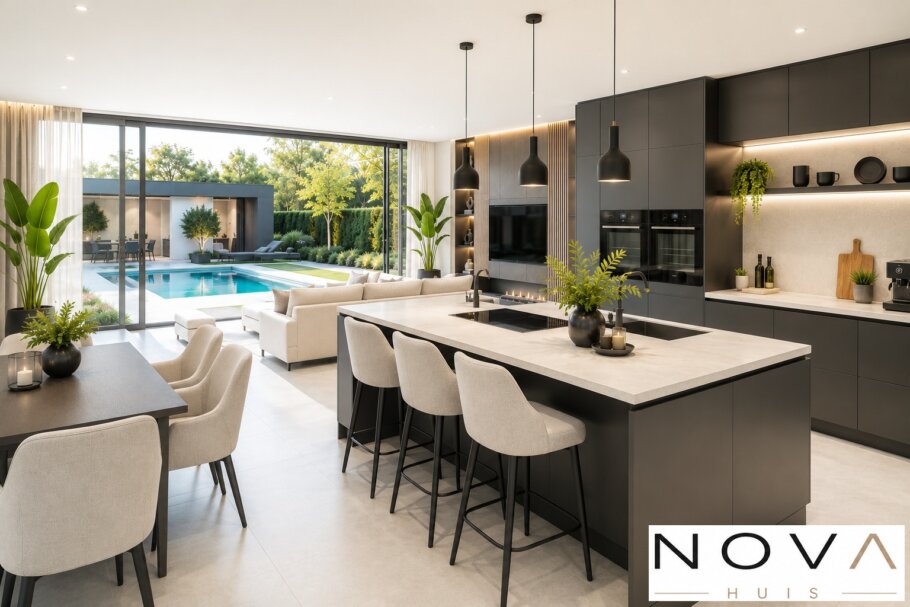 Modern interieur van de levensloopbestendige kubistische woning K-397 van NOVA HUIS