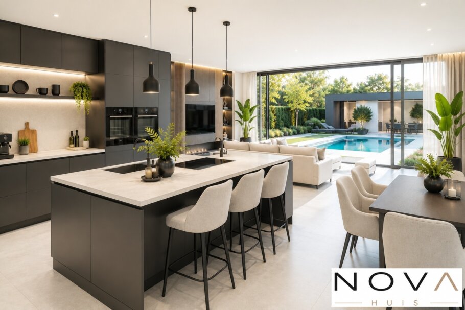 Modern interieur van kubistische woning K-387 met luxe woonkamer, leefkeuken, badkamer en slaapkamer
