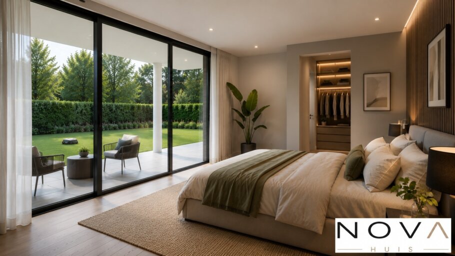 Modern interieur van gelijkvloerse woning A-82 met woonkamer, leefkeuken, slaapkamer en grote glaspartijen