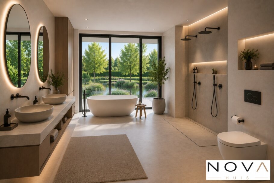Modern interieur van kubistische villa met luxe woonkeuken en grote glaspartijen