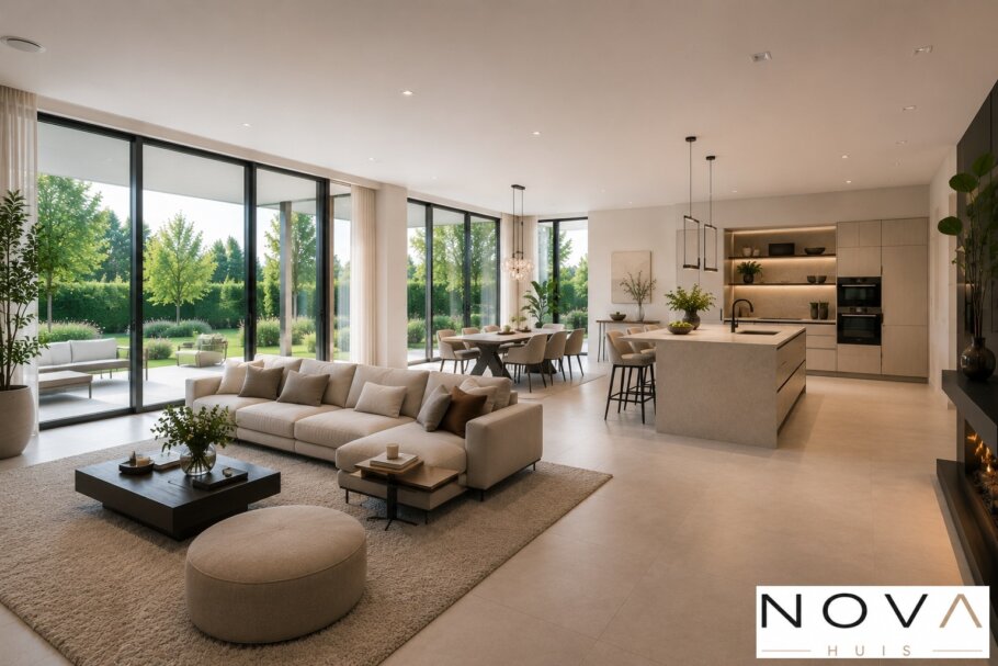Modern interieur van kubistische villa met luxe woonkeuken en grote glaspartijen
