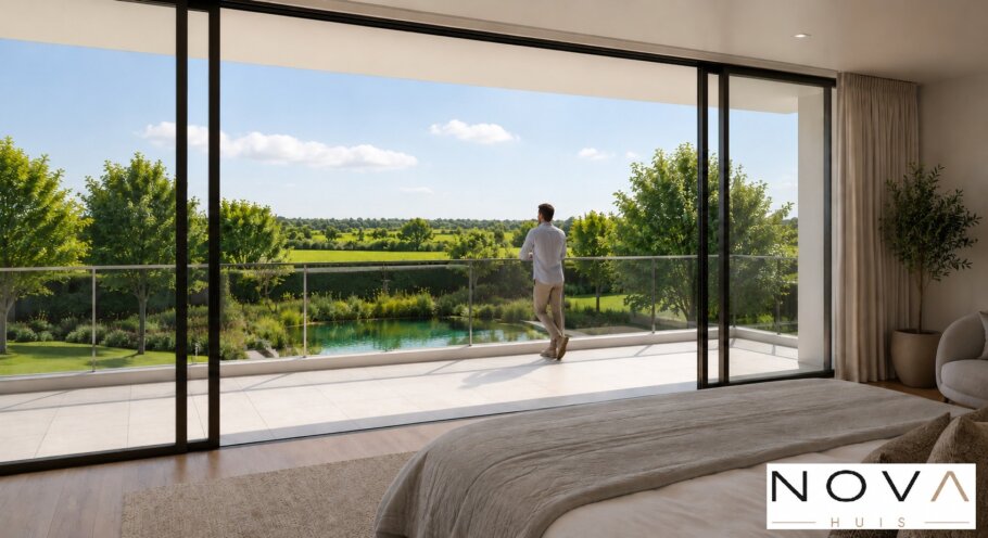 Modern interieur van kubistische villa met luxe woonkeuken en grote glaspartijen