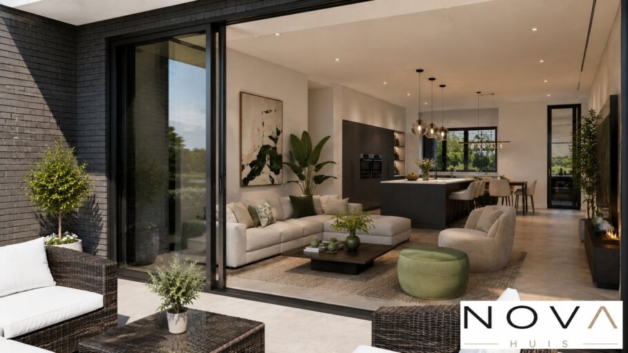 Modern interieur van kubistische villa K-377 met luxe leefruimten