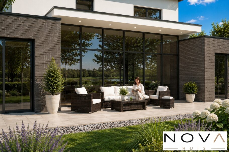 Modern interieur van kubistische villa K-377 met luxe leefruimten