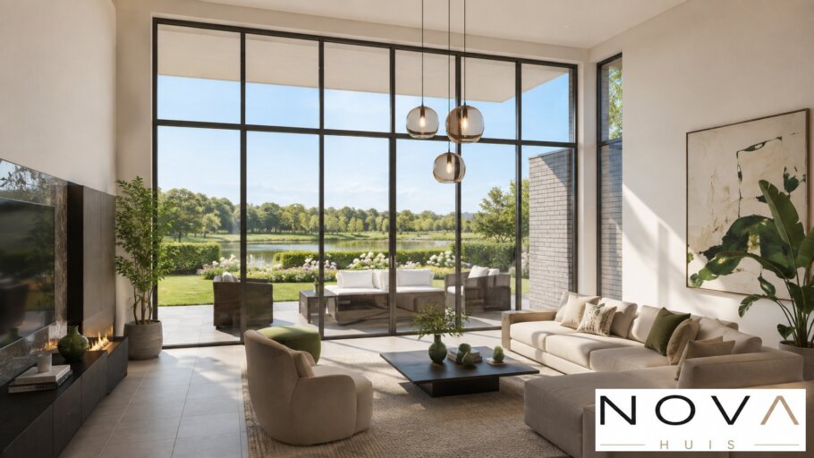 Modern interieur van kubistische villa K-377 met luxe leefruimten
