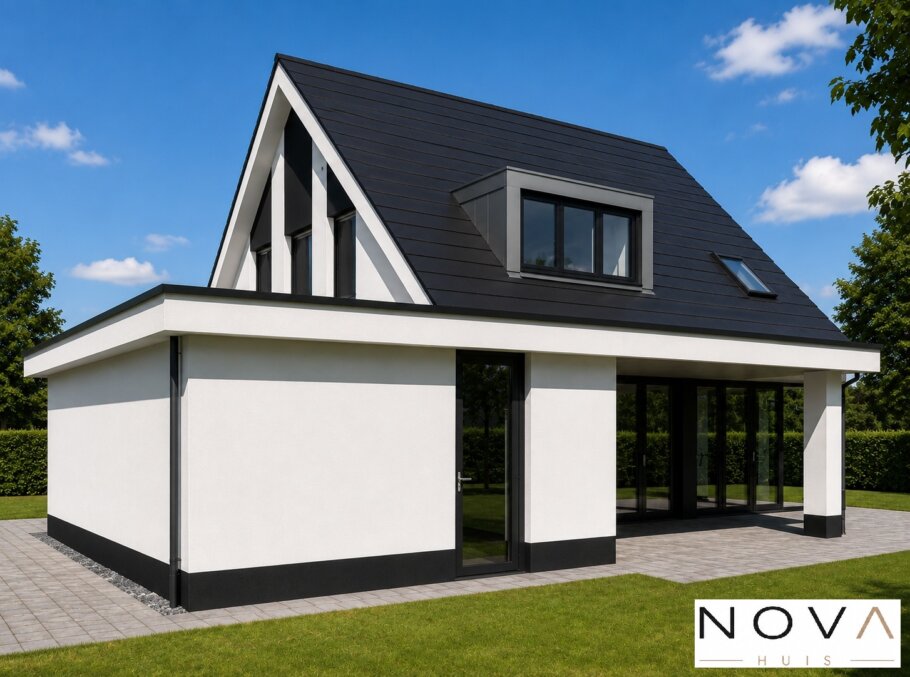 Vrijstaande moderne woning K-69 met zadeldak, hoge glaspartijen en moderne architectuur
