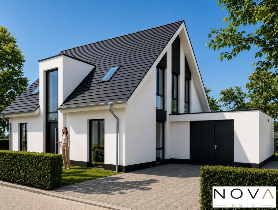 Vrijstaande moderne woning K-69 met zadeldak, hoge glaspartijen en moderne architectuur