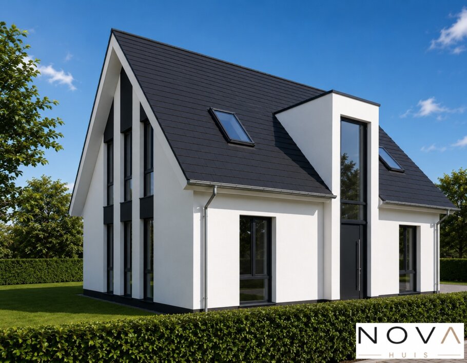 Vrijstaande moderne woning K-69 met zadeldak, hoge glaspartijen en moderne architectuur