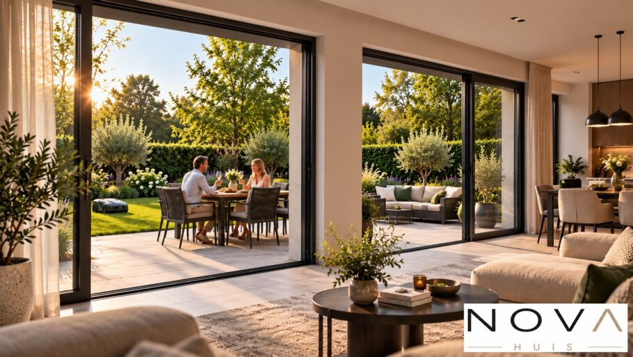 Moderne levensloopbestendige woning KAP-123 met zwart felsdak, grote glaspartijen en tuinterras