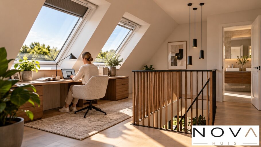 Lichte werkruimte op verdieping KAP-123 met grote dakramen en open balustrade.