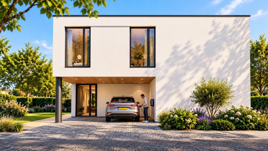 Moderne kubistische villa K-118 van NOVA HUIS met plat dak, grote glaspartijen en overdekt terras in een groene tuin