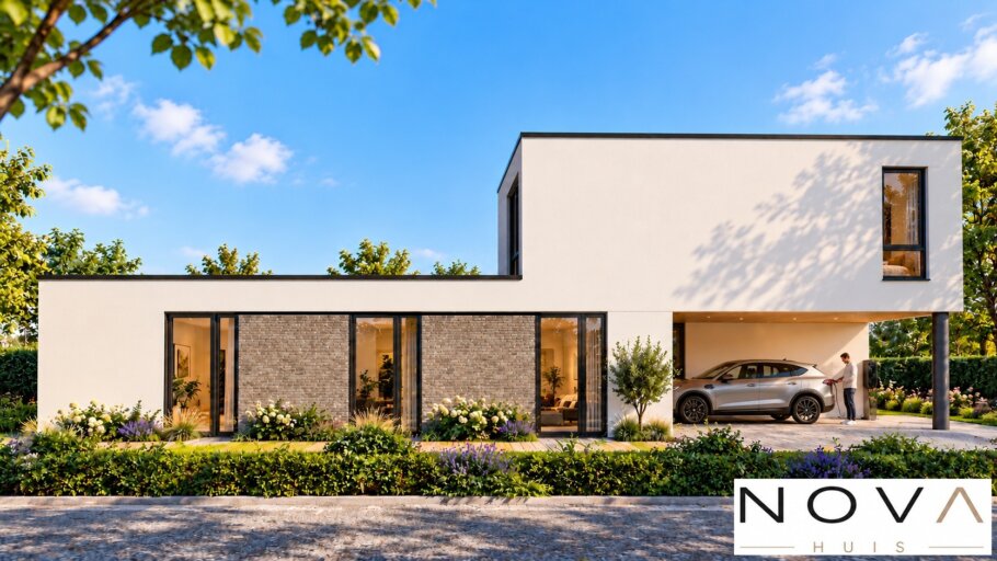 Moderne kubistische villa K-118 van NOVA HUIS met plat dak, grote glaspartijen en overdekt terras in een groene tuin