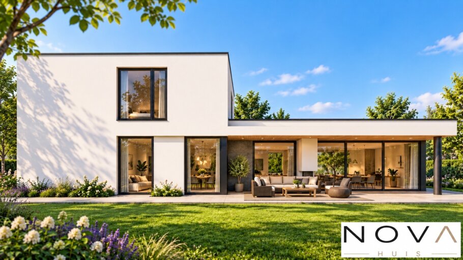 Moderne kubistische villa K-118 van NOVA HUIS met plat dak, grote glaspartijen en overdekt terras in een groene tuin