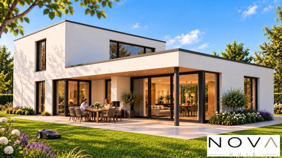Moderne kubistische villa K-118 van NOVA HUIS met plat dak, grote glaspartijen en overdekt terras in een groene tuin