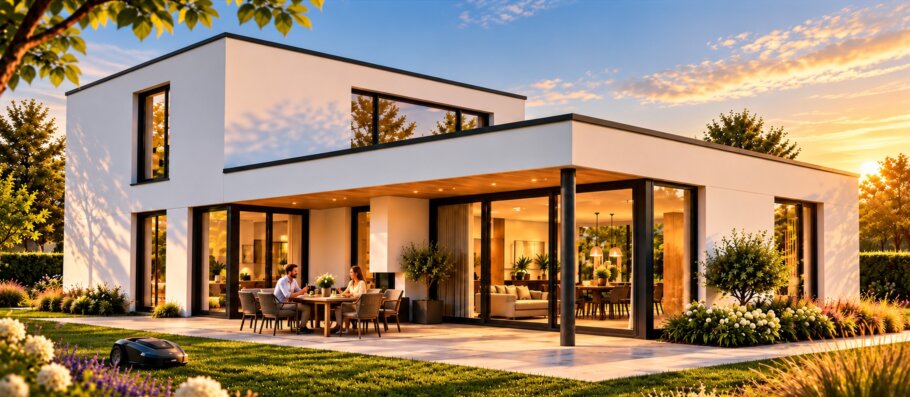 Moderne kubistische villa met plat dak, grote glaspartijen en overdekt terras in een zonnige tuin.