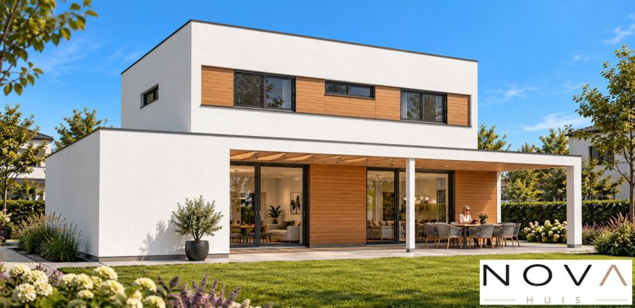 Moderne kubistische woning K-91 met plat dak van NOVA HUIS