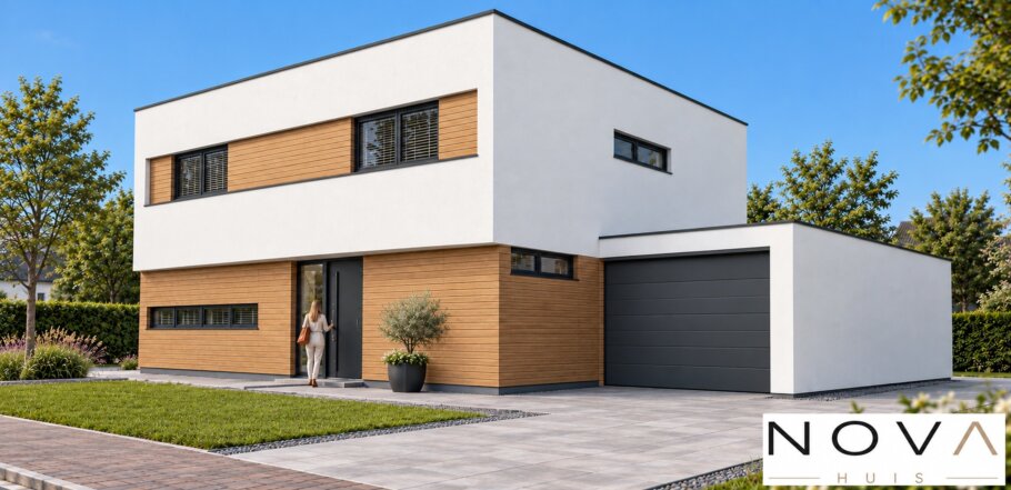 Moderne kubistische woning K-91 met plat dak van NOVA HUIS