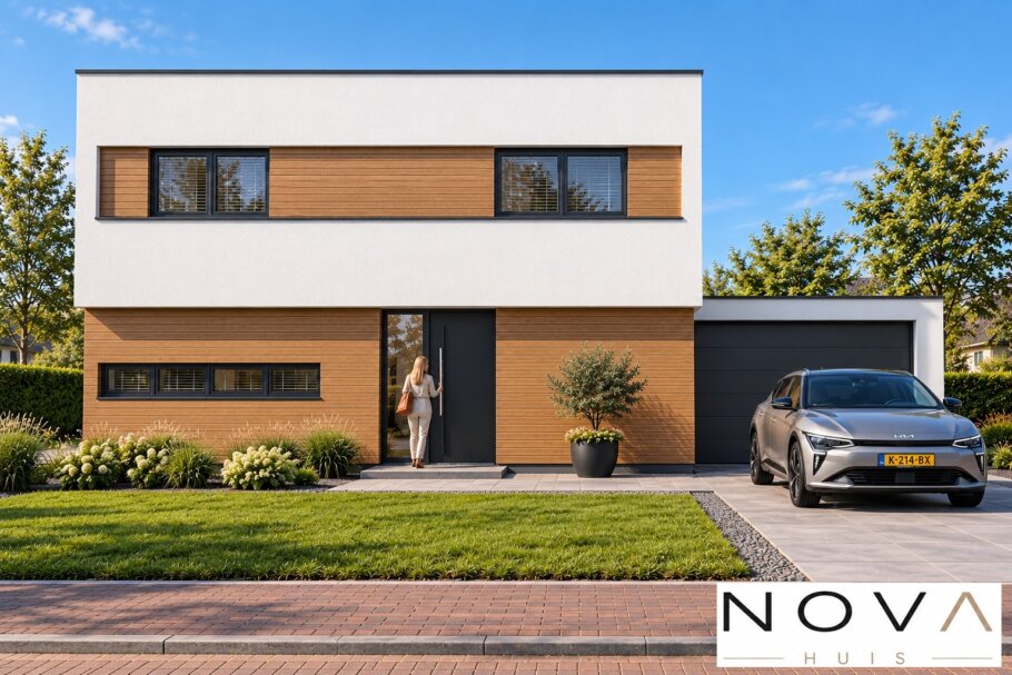 Moderne kubistische woning K-91 met plat dak van NOVA HUIS