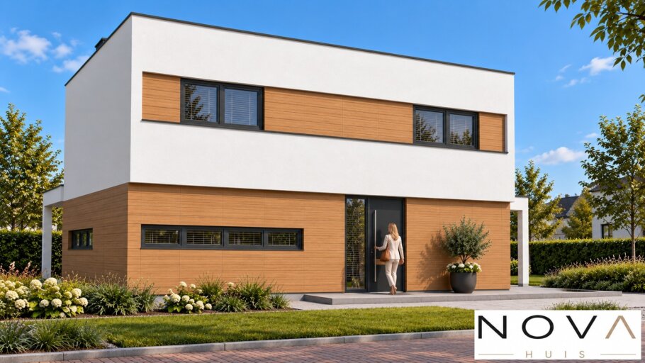Moderne kubistische woning K-91 met plat dak van NOVA HUIS